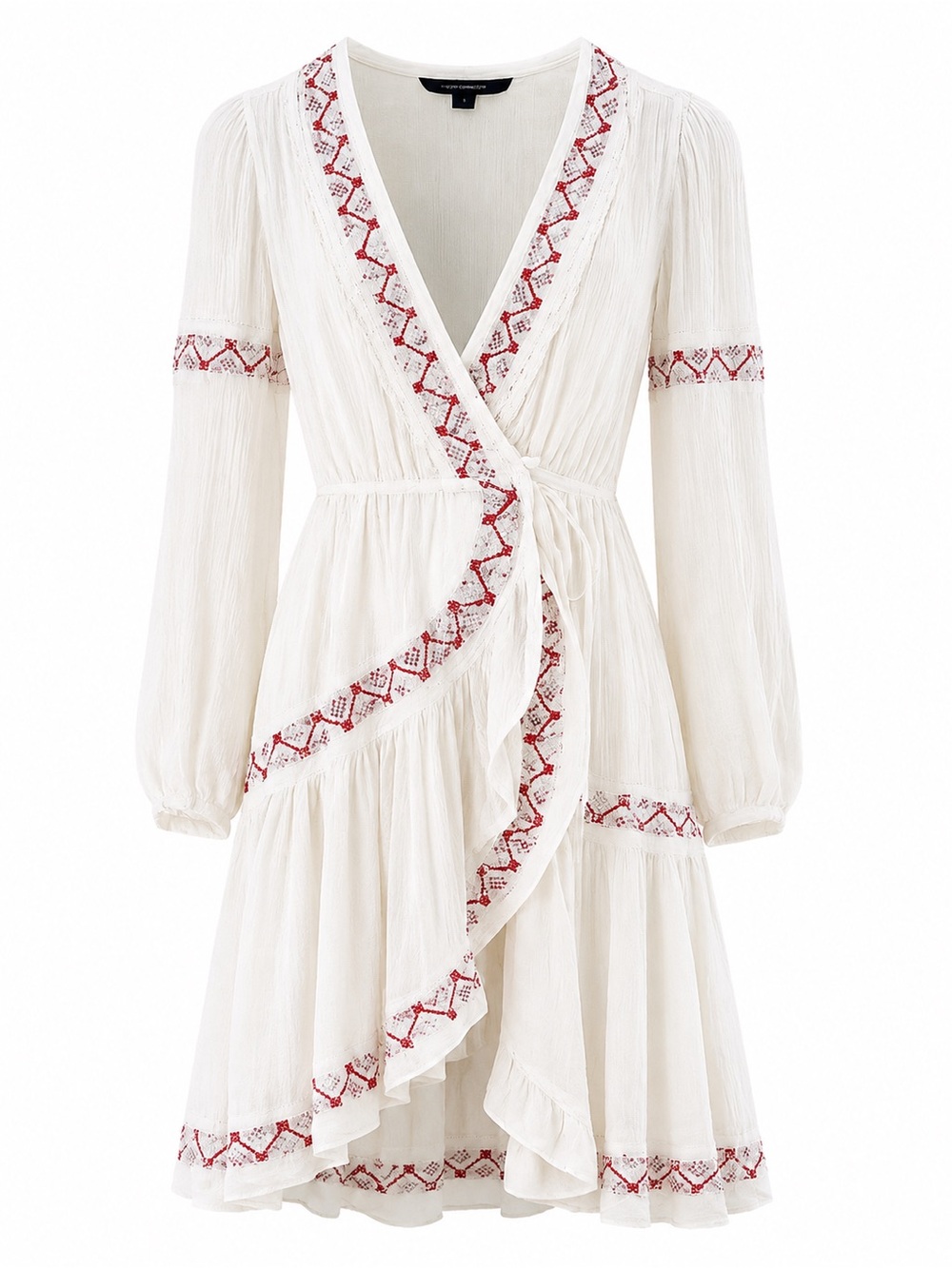 French Connection White Wrap Dress With Embroidered Red Detailing Long Sleeves